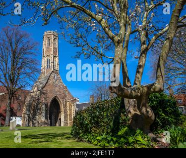 Norfolk, Großbritannien - April 8. 2022: Der wunderschöne Greyfriars Tower befindet sich in Tower Gardens, in der Stadt Kings Lynn in Norfolk, Großbritannien. Stockfoto