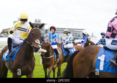 Eine Gruppe weiblicher Amateur-Jockeys, darunter ab O'Connor, Stephanie Jardeback, Jessica Bedi und Molly Land, stehen vor den Starttoren der York Races Stockfoto