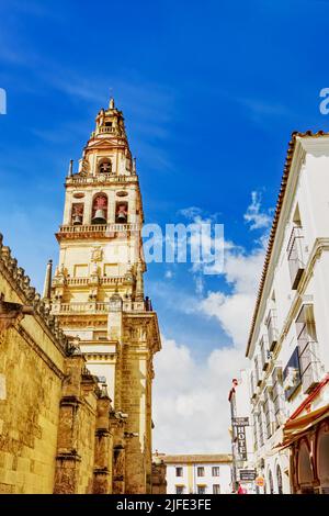 Cordoba, Andalucia, Spanien - Glockenturm von Mezquita oder Moschee-Kathedrale, von der Calle Herrero aus gesehen Stockfoto