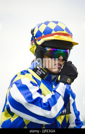 Jockey Jessica Bedi auf Tiger Jet bei York Races. Stockfoto