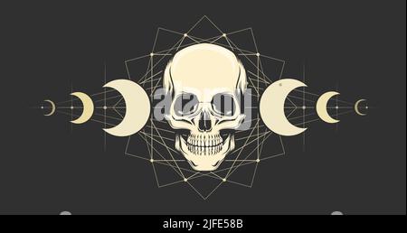 Totenkopf und Mondphasen Mystisches Ebenholz auf schwarzem Hintergrund. Vektorgrafik. Stock Vektor