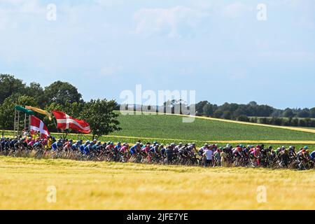 Abbildung Bild zeigt das Rudel von Fahrern in Aktion während der zweiten Etappe der Tour de France Radrennen, ein 202,2 km Rennen zwischen Roskilde und Nyborg, Dänemark, am Samstag, 02. Juli 2022. Die diesjährige Tour de France findet vom 01. Bis 24. Juli 2022 statt und startet mit drei Etappen in Dänemark. BELGA FOTO DAVID STOCKMAN Stockfoto