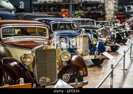 SINSHEIM, DEUTSCHLAND - MAI 2022: Beigefarbener Mercedes-Benz 230 1938 55ps Stockfoto