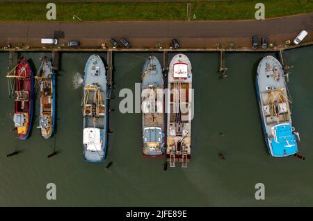 Luftaufnahme von Fischerbooten/Muschelschneidern im Hafen von Yerseke entlang der Oosterschelde (Ostschelde), Seeland, Niederlande Stockfoto