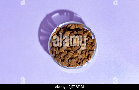 Trocknen Sie das Futter in einer transparenten Schüssel für Katzen und Hunde auf violettem Hintergrund Stockfoto