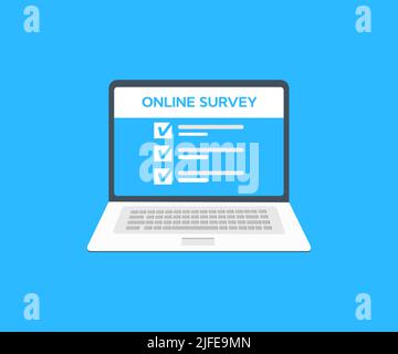 Online-Umfrage, Online-Umfrage zur Kundenzufriedenheit Formular Logo-Design. Laptop, Computerbildschirm. Feedback-Geschäftskonzept. Minimalistisches Design für das Web. Stock Vektor