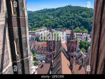 Blick vom Freiburger Münster über das Dompdach auf den Schlossberg. Baden Württemberg, Deutschland, Europa Stockfoto