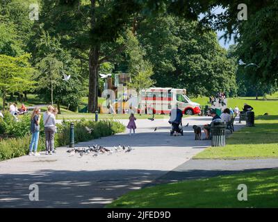 Lurgan Park, Lurgan, County Armagh, Nordirland, Großbritannien. 02. Juli 2022. Wetter in Großbritannien – warm und sonnig, wenn Lücken in einem grau bewölkten Himmel erscheinen. Menschen genießen einen Sommertag im Juli im Park am See. Kredit: CAZIMB/Alamy Live Nachrichten. Stockfoto