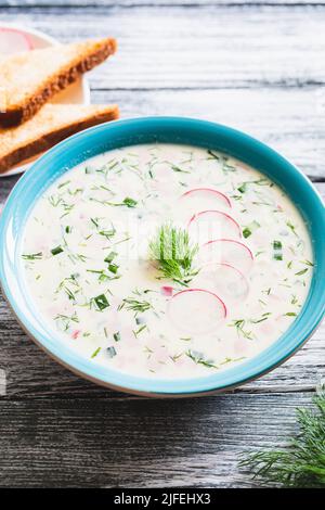 Sommerjoghurt kalte Suppe mit Rettich, Gurke, Kartoffel und Wurst. Okroshka. Sommerliche kalte Suppe Stockfoto