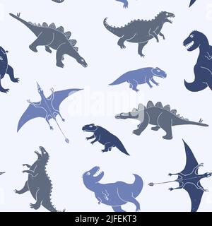 Dino Nahtloses Muster, Niedliche Cartoon Dinosaurier Doodles Vektor Illustration. Stock Vektor