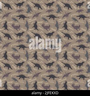 Dino Nahtloses Muster, Niedliche Cartoon Dinosaurier Doodles Vektor Illustration. Stock Vektor