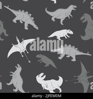 Dino Nahtloses Muster, Niedliche Cartoon Dinosaurier Doodles Vektor Illustration. Stock Vektor