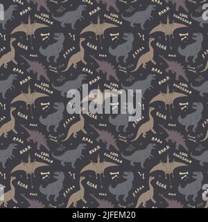 Dino Nahtloses Muster, Niedliche Cartoon Dinosaurier Doodles Vektor Illustration. Stock Vektor
