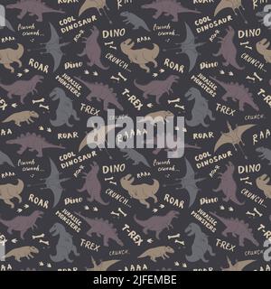 Dino Nahtloses Muster, Niedliche Cartoon Dinosaurier Doodles Vektor Illustration. Stock Vektor
