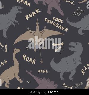 Dino Nahtloses Muster, Niedliche Cartoon Dinosaurier Doodles Vektor Illustration. Stock Vektor
