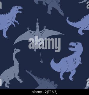 Dino Nahtloses Muster, Niedliche Cartoon Dinosaurier Doodles Vektor Illustration. Stock Vektor