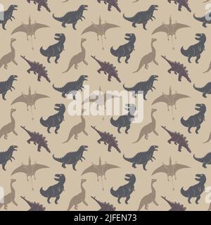 Dino Nahtloses Muster, Niedliche Cartoon Dinosaurier Doodles Vektor Illustration. Stock Vektor