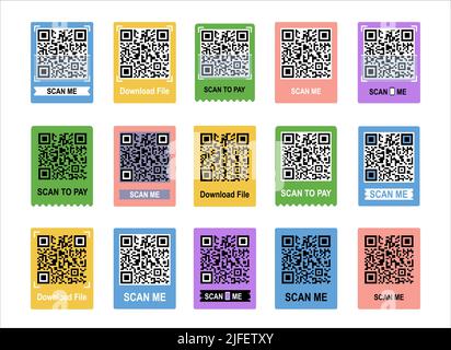 Scan Me Telefon-Tag-Set. QRCode für mobile App. Isolierte Illustrationen auf weißem Hintergrund. Vektorgrafik. Stock Vektor