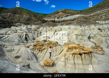 Frau, die auf einem Sandstein steht und die Hoodoos und Felsformationen in den kanadischen Badlands, Drumheller, Alberta, Kanada, fotografiert Stockfoto