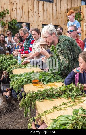 Dorset World Stinging Brennnessel Eating Competition 2022 Stockfoto