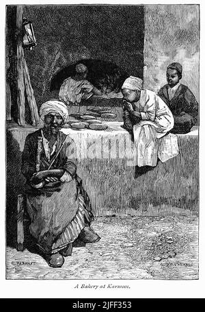 Bäckerei in Karmoos, Illustration aus dem Buch, 'From Pharaoh to Fellah' von C.F. Moberly Bell mit Illustrationen von Georges Montbard, gestochen von Charles Barbant, Wells Gardner, Darton & Co., London, 1888 Stockfoto