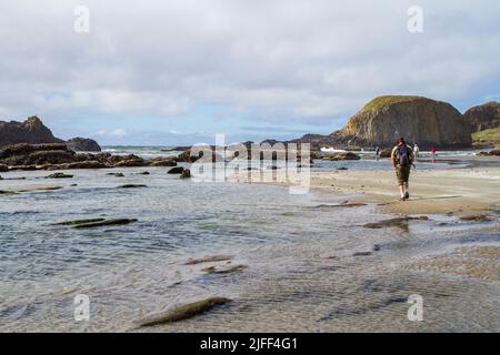 Mehrere Touristen, darunter ein Mann mit Tagesrucksack, spazieren am Strand des Seal Rock State Recreation Site an der zentralen Küste von Oregon, USA. Stockfoto