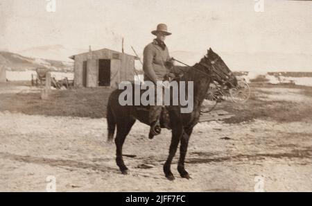 Porträt eines Mannes auf Pferd, Alberta Kanada, ca. 1919 Postkarte. Unbekannter Fotograf Stockfoto