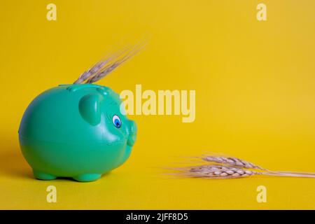 Konzept der Weltlebensmittelkrise: Sparschwein mit Weizenspitzen auf gelbem Hintergrund Stockfoto