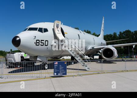 Anti-U-Boot-Kriegsführung, Anti-Oberflächen-Kriegsführung und maritimes Patrouillenflugzeug Boeing P-8A Poseidon. US Navy. Ausstellung ILA Berlin Air Show 2022 Stockfoto