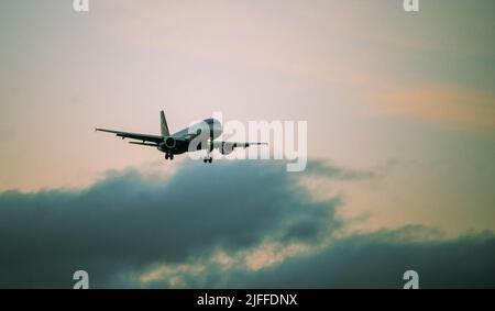 Die Silhouette eines Passagierflugzeugs, das vor dem Hintergrund des Sonnenuntergangs landet. Stockfoto