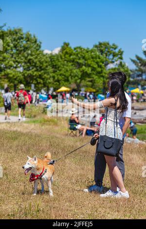 Junges Paar mit Hund beim Selfie in Steveston am Canada Day 2022 Stockfoto