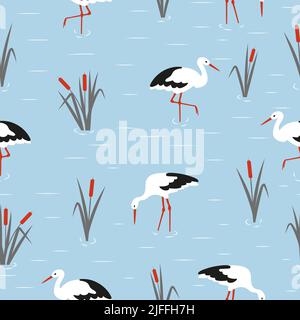Nahtloses Storch- und Schilfmuster. Vektorgrafik Sumpf. Stock Vektor