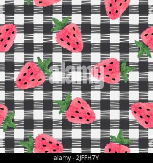 Nahtloses Erdbeermuster. Vektor karierter Hintergrund mit roten Beeren. Textil-, Stoff-Design Stock Vektor