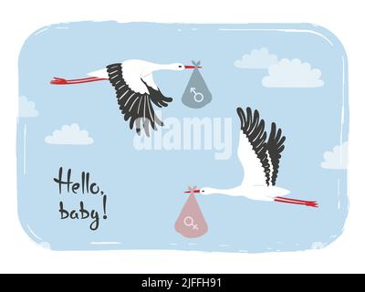 Cartoon fliegender Storch in Himmel mit Baby. Babyduschkarte Design. Stock Vektor
