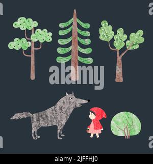 Rotkäppchen Märchen-Set. Vektor-Illustration von kleinen Mädchen, Wolf und Bäume. Stock Vektor