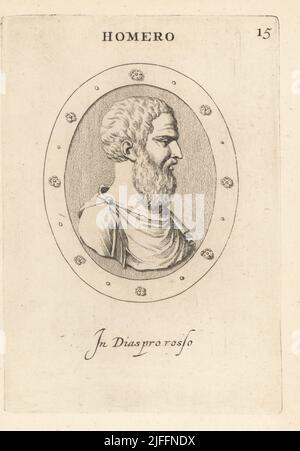 Büste des griechischen Dichters Homer, Autor der Odyssee und der Ilias. In rotem Jaspis. Homero. In diaspro rosso. Kupferstich von Giovanni Battista Galestruzzi nach Leonardo Agostini aus Gemmae et Sculpturae Antiquae Depicti ab Leonardo Augustino Senesi, Abraham Blooteling, Amsterdam, 1685. Stockfoto