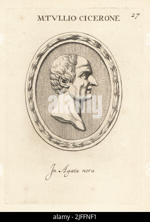 Profil Büste von Cicero, 106 v. Chr. - 43 v. Chr., römischer Staatsmann, Rechtsanwalt, Gelehrter, Philosoph und akademischer Skeptiker. Marcus Tullius Cicero, aus schwarzem Achat. M. Tullio Cicerone. In agata nera. Kupferstich von Giovanni Battista Galestruzzi nach Leonardo Agostini aus Gemmae et Sculpturae Antiquae Depicti ab Leonardo Augustino Senesi, Abraham Blooteling, Amsterdam, 1685. Stockfoto