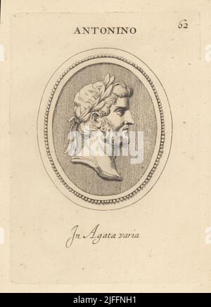 Büste von Antoninus Pius oder Titus Aelius Hadrianus Antoninus Pius, 86 - 161, römischer Kaiser von 138 bis 161. Mit Lorbeerkranz. In buntem Achat. Antonino. In agata varia. Kupferstich von Giovanni Battista Galestruzzi nach Leonardo Agostini aus Gemmae et Sculpturae Antiquae Depicti ab Leonardo Augustino Senesi, Abraham Blooteling, Amsterdam, 1685. Stockfoto