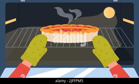 Bäckerhände setzen Früchtekuchen Dessert auf Tablett in Küchenofen, um Vektor-Illustration zu backen. Cartoon-Koch macht traditionelle Kuchen oder Torte, Blick von der offenen Tür des modernen elektrischen Ofen Hintergrund Stock Vektor