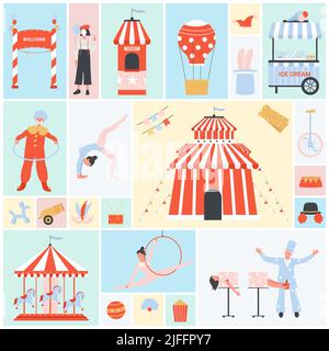 Niedliche Zirkus-Set Vektor-Illustration. Cartoon Clown, akrobatin und Zauberer, Chapiteau Zelt, Karussell, Stand mit Tickets und Eis in quadratischen Collage Hintergrund. Vergnügungspark, Konzept der Karnevalsmesse Stock Vektor
