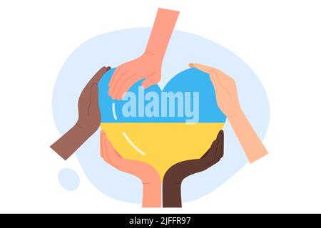 Hände von Freiwilligen, die das Herz mit ukrainischer Flagge halten. Unterstützung, Hilfe und Hilfe für die Ukraine von der Gemeinschaft der Menschen flache Vektor-Illustration. Konzept der Solidarität, der humanitären Hilfe Stock Vektor