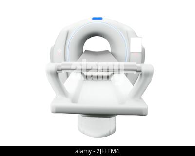 Die Abbildung des CT-Scanners mit mehreren Detektoren oder der Computertomographie 3D ist auf weißem Hintergrund isoliert. Stockfoto