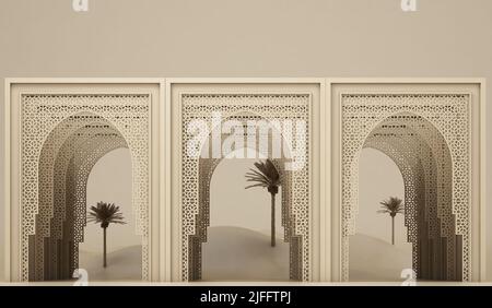 3D Darstellung islamischer Architektur, Gebäude mit Dekorationsartikeln. 3D Darstellung moderner islamischer Themenbanner, Eid adha, Eid Mubarak, Copy Spa Stockfoto