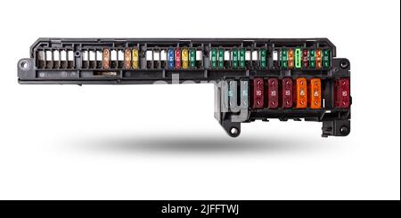 Kfz-Sicherungen Box in verschiedenen Farben und jede Farbe ist für den spezifischen Wert des Schutzes in Ampere definiert verantwortlich. Katalog der Ersatz-p Stockfoto