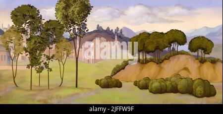 Italienische Landschaft im Stil von Vittore Corpacio. Digital Painting Hintergrund, Illustration. Stockfoto