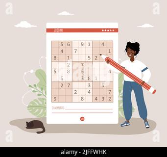 Sudoku-Spiel. Afrikanische Frau mit riesigen Bleistift löst Kreuzworträtsel. Lern- und Freizeitkonzept. Aufgabe für die Entwicklung des logischen Denkens und Stock Vektor