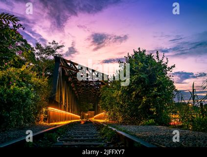 Die Upper Bukit Timah alte Singapur-malaysische Eisenbahnbrücke Truss Bridge neben der Rail Mall. Stockfoto