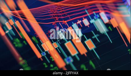 Business-Graph-Charts von Finanzinstrumenten mit verschiedenen Arten von Indikatoren Stockfoto