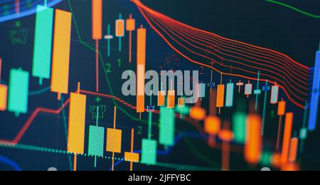 Business-Graph-Charts von Finanzinstrumenten mit verschiedenen Arten von Indikatoren Stockfoto