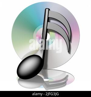 3D Abbildung. Musik-CD mit musikalischer Note isoliert auf weißem Hintergrund mit Reflexion Stockfoto